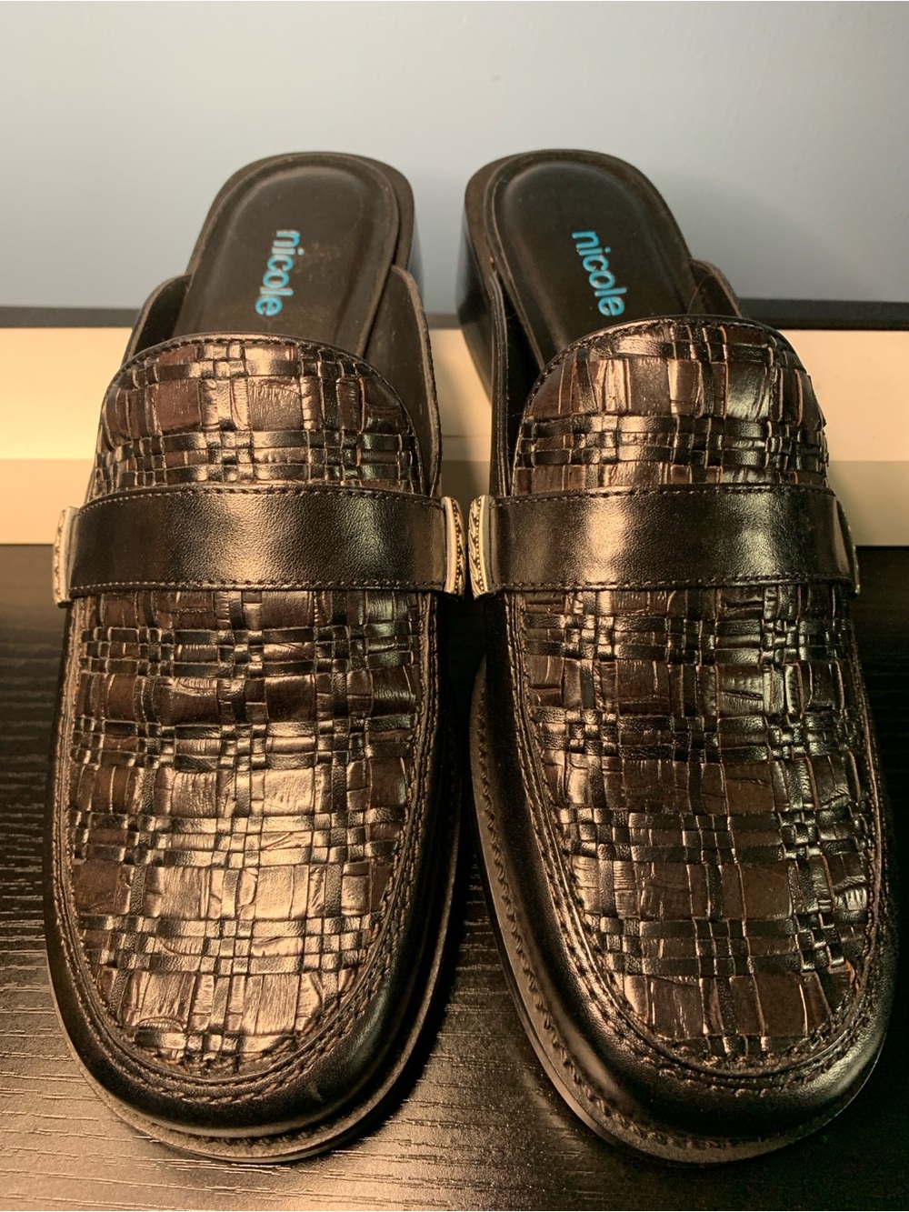 Nicole Black/Brown Woven Leather Slip-On Loafer Mules